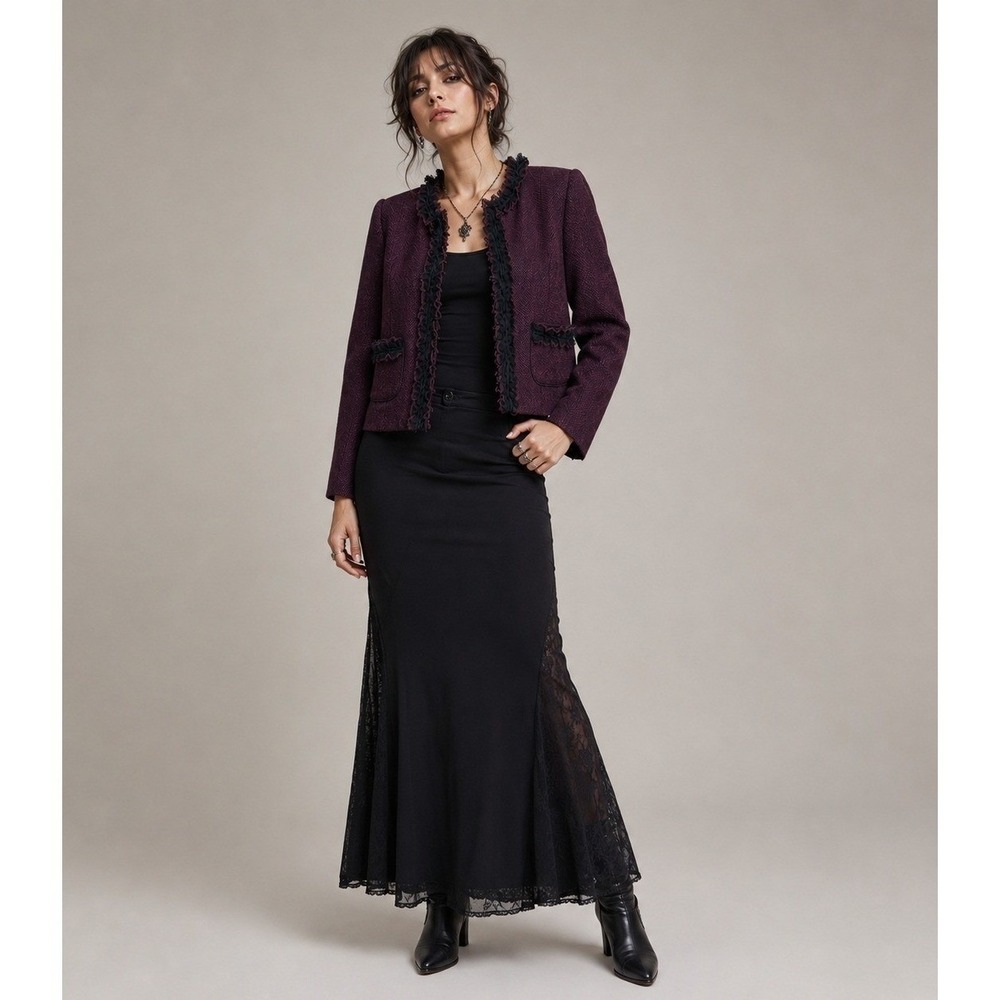Spense Whimsigoth Jacket Womens L Purple Black Knit Lace Ruffle Pockets Lined